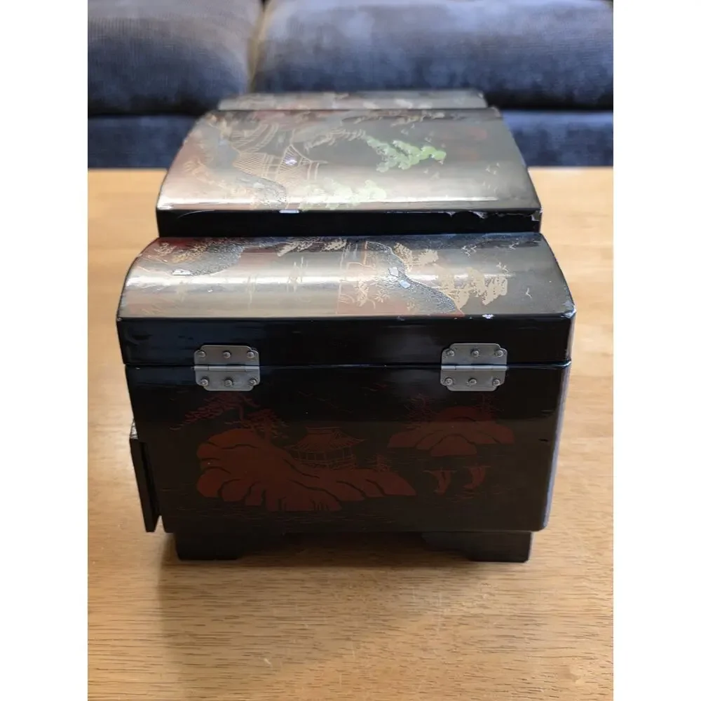 Vintage Japanese Jewelry Music Box Hand Painted Gold Pagoda Mt. Fuji RARE 1950s